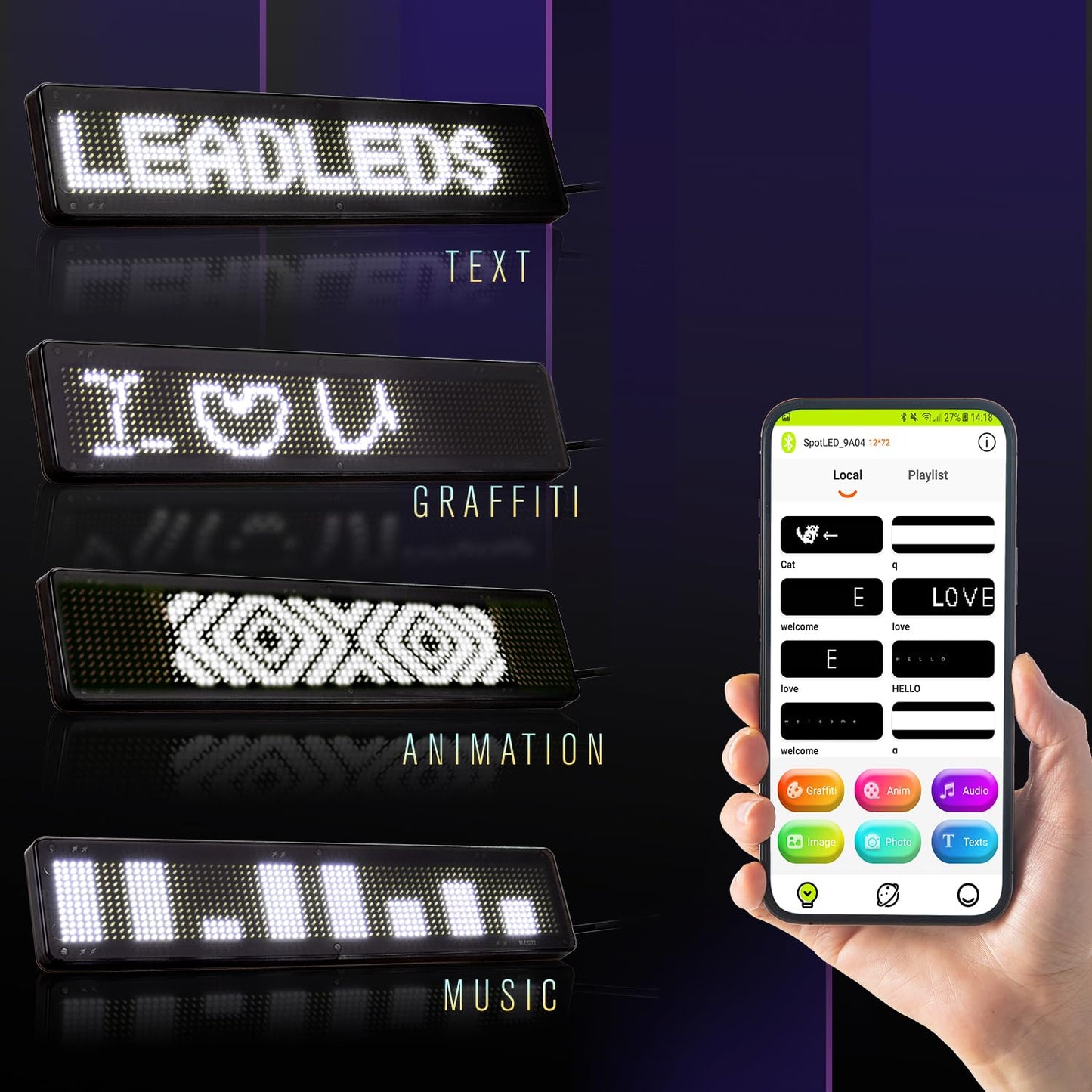 LED Display Board Leadleds 23 x 5 cm Bluetooth Smart App White LED Programmable Scrolling Sign for Car, Shop, Store