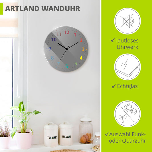 ARTLAND wall decoration wall clock without ticking sounds made of glass quartz clock Ø 30 cm round silent trendy color gray-multicolored S7KD