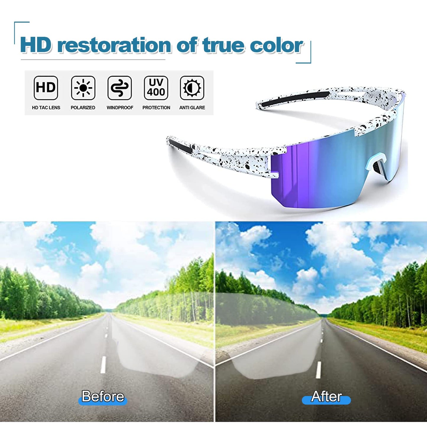 Rapidly Fast Glasses Rave Polarized Sports Sunglasses Cycling Glasses Men Women Sport Sunnies UV400 Protection Cycling Running Golf (White and Blue)