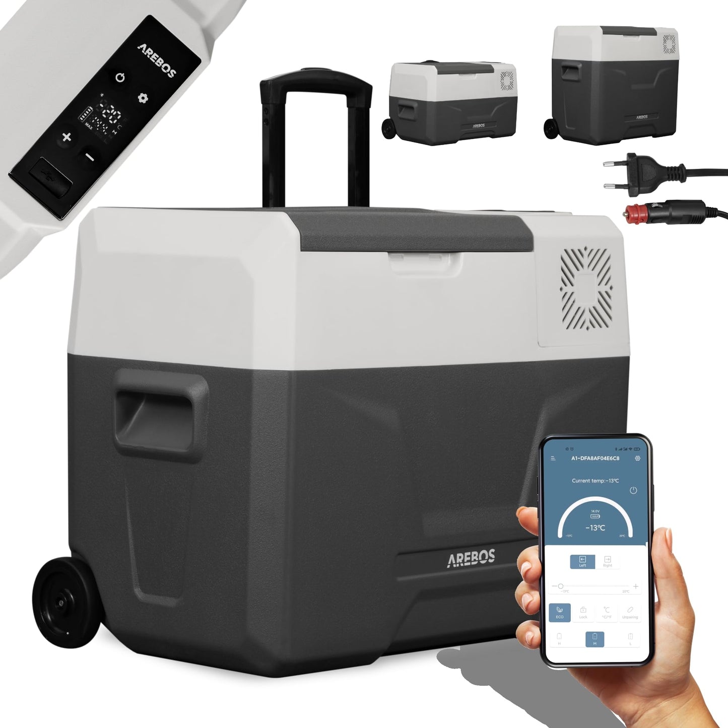 Arebos compressor cooler box with wheels 39 liters | Electric freezer box with APP & smart control | Mobile cool box with USB port | up to -20 °C | 12/24 V 230V | for car, truck, camping, boat, RV