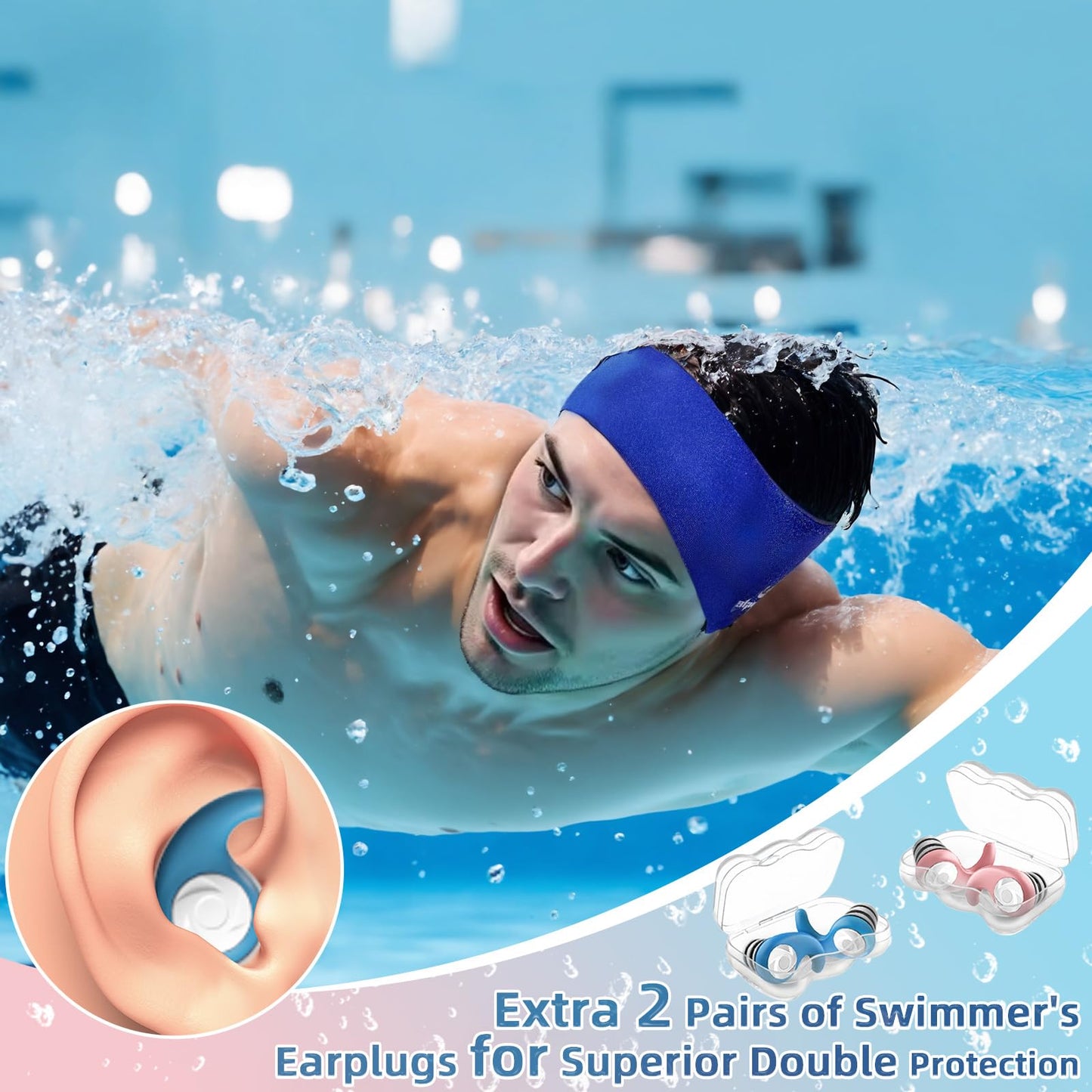 Swimming headband for adults - 2 pairs of swim earplugs & neoprene swim band, high elasticity & Velcro closure - waterproof headband hairband for diving, pool, showers, and water sports.