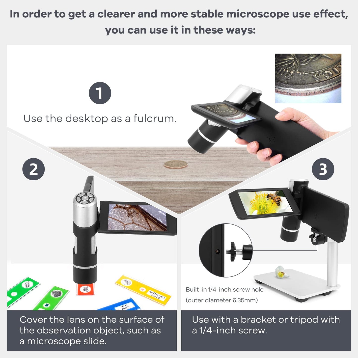 Andonstar AD203 Portable Handheld Digital Microscope, Pocket Microscope with 4-inch screen for kids and adults, Black metal bracket, USB coin microscope, supports PC.
