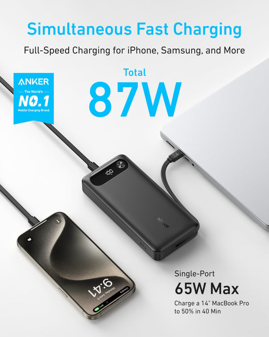 Anchor Powerbank, 20,000mAh portable charger with built-in USB-C cable, 87W max fast charging battery, 1 USB-C and 1 USB-A port, for MacBook, iPhone 17/16/15/14 Series, Samsung, Switch, and more.