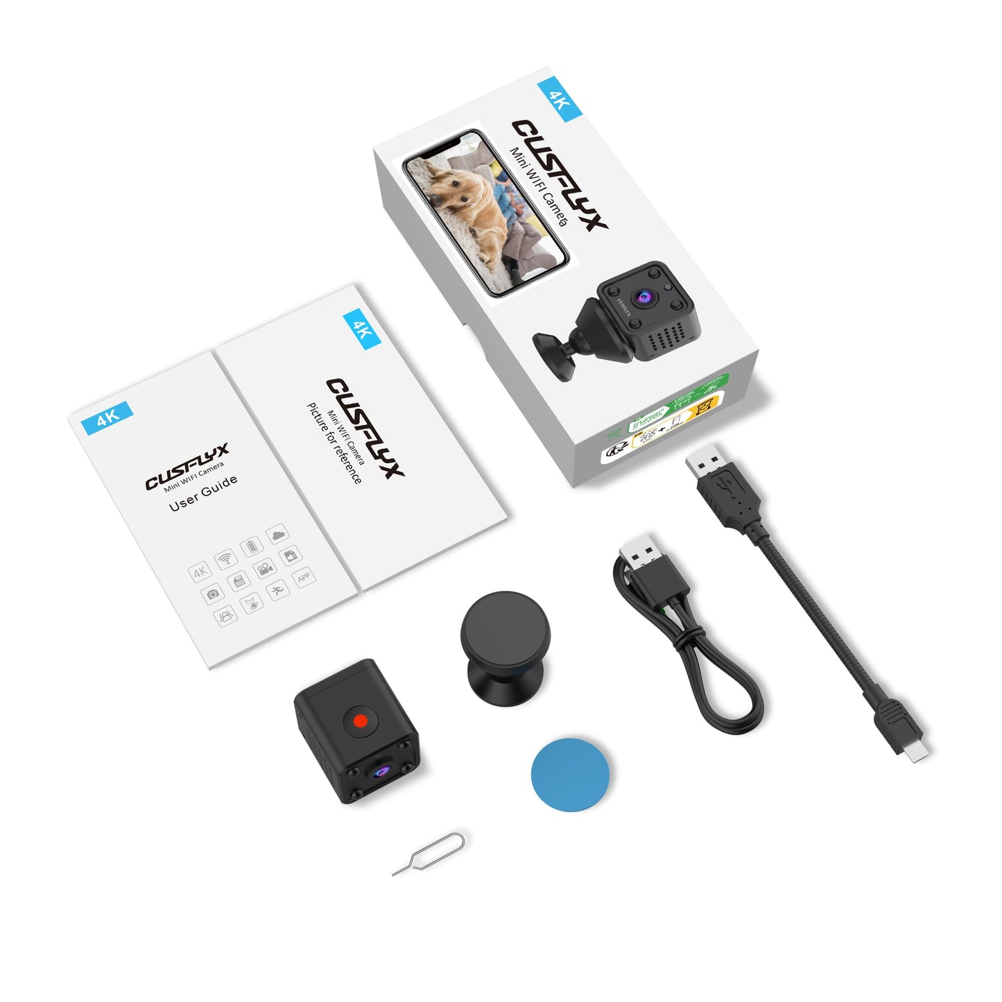 4K mini camera, CUSFLYX Cloud WIFI portable surveillance camera, battery operated, motion detection, IR night vision, nanny pet home office garage, wide angle, easy installation TF card recording.