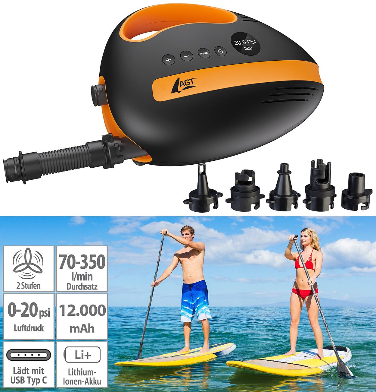 AGT SUP Battery Pump: Battery-operated air pump for SUP boards, 350 l/min, 3X 4,000 mAh, USB, 12V (Accu pump for compressor, electric)