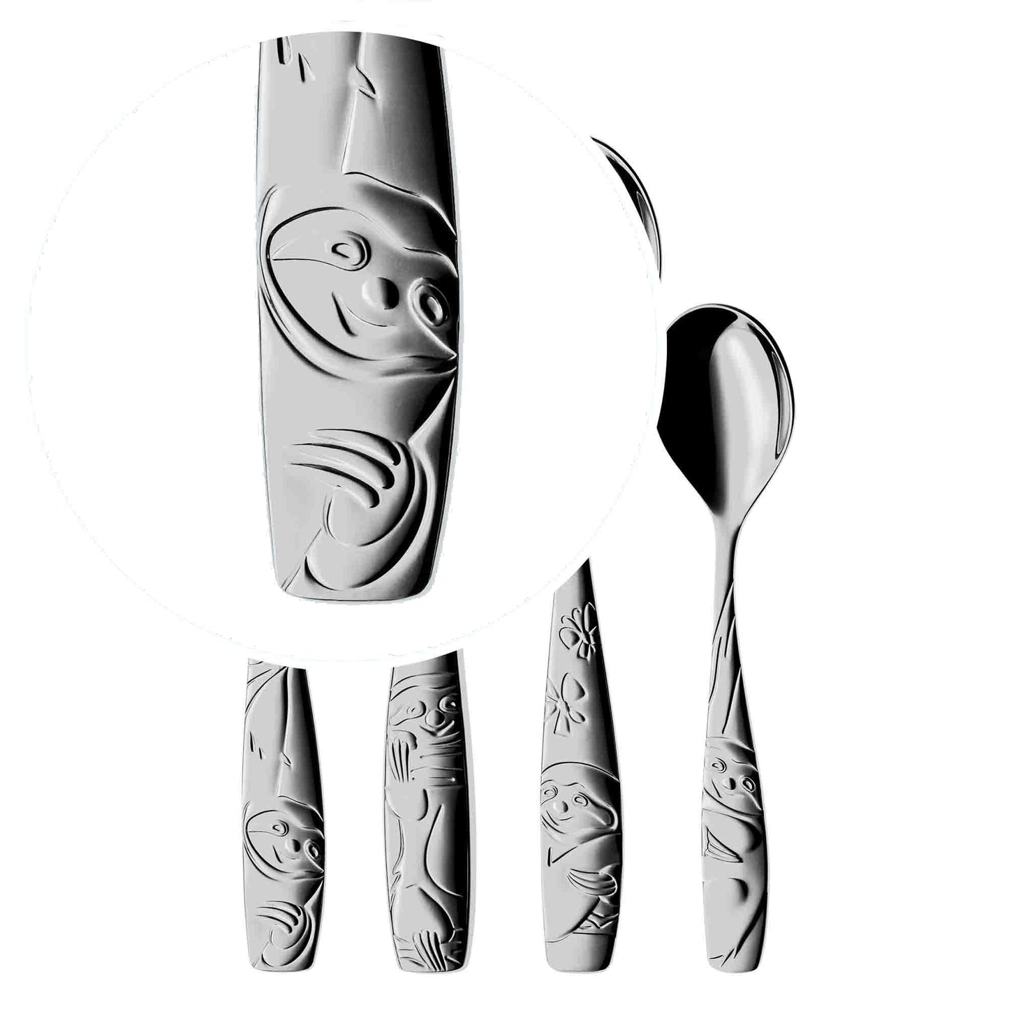 WMF Animal Kids' Cutlery Set 4-piece & Sloth Kids' Cutlery Set 4-piece, kids' cutlery stainless steel, suitable for children age 3 and up, polished Cromargan, dishwasher safe
