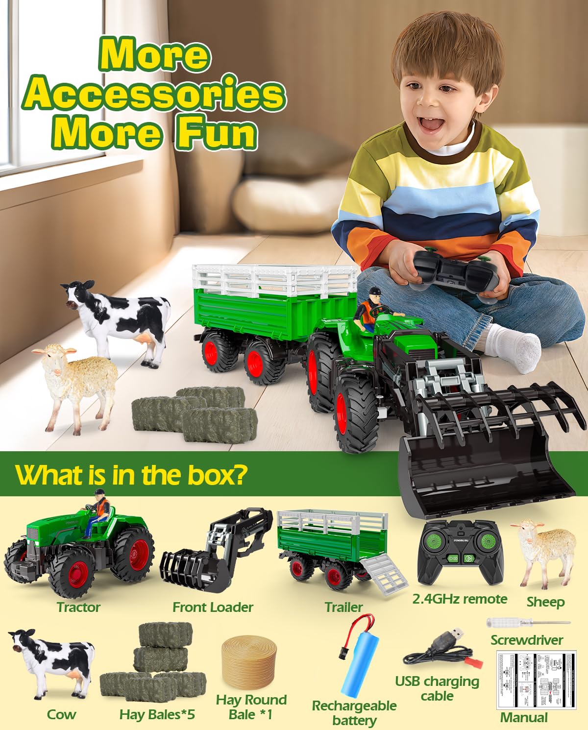 PENGBU RC Remote Control Tractor with Trailer, 2.4 GHz Remote Control Toy Tractor, Kids Tractor Remote Control with Front Loader, Trailer, Cow, Sheep, and Hay Bales for ages 3-8.
