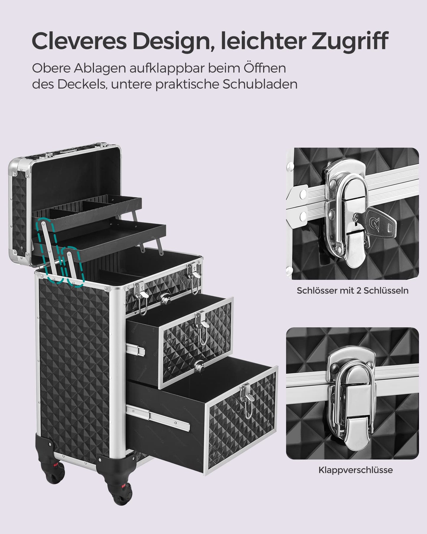 SONGMICS Cosmetic Case Trolley, Makeup Case with 2 Drawers, Large Hairstylist Case, Makeup Case, 34 x 24 x 56 cm, 360° Rotating Wheels, Travel, Hairstylists, Gift Idea, Black JHZ08BK.