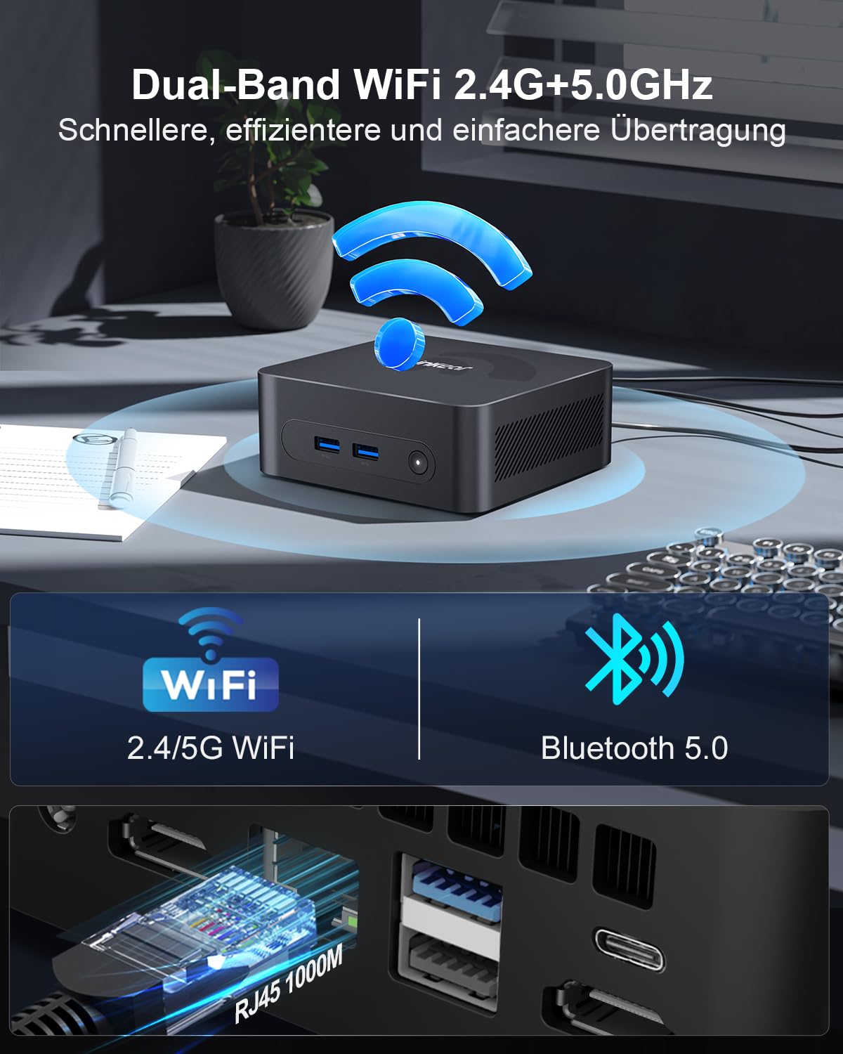 Ninkear Mini PC N100, mini computer with USB-C, 16GB DDR4 RAM 512GB M.2 SSD mini gaming PC, 4K dual display, W-11 HDMI 2.0, USB 3.0/WiFi 6/BT 5.2, suitable for office home entertainment, learning.