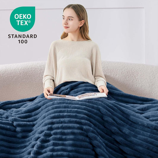 BEDELITE Cozy Blanket Plush Large - Soft Flannel Blankets Blue 220x240 for Bed, Decor Striped Cord Fleece Blanket Navy as Bedspread for Bedroom, XXL Blanket Wide Use