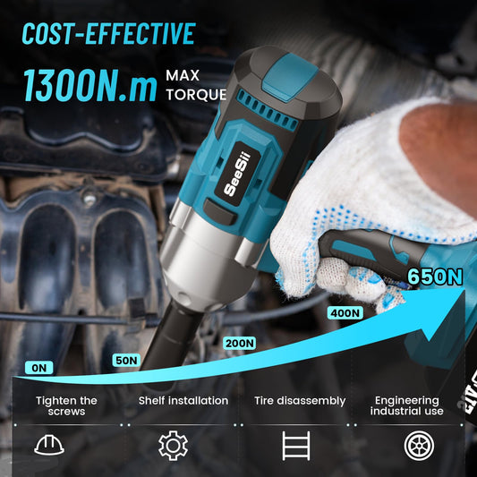 Seesii 1300Nm Cordless Impact Wrench, 8000mAh 1/2" Powerful Electric Impact Wrench for Car Tire Change & Loosening Lug Nuts, 3-Speed Gearbox, Brushless Motor, Comes with 2 Batteries & Charger.