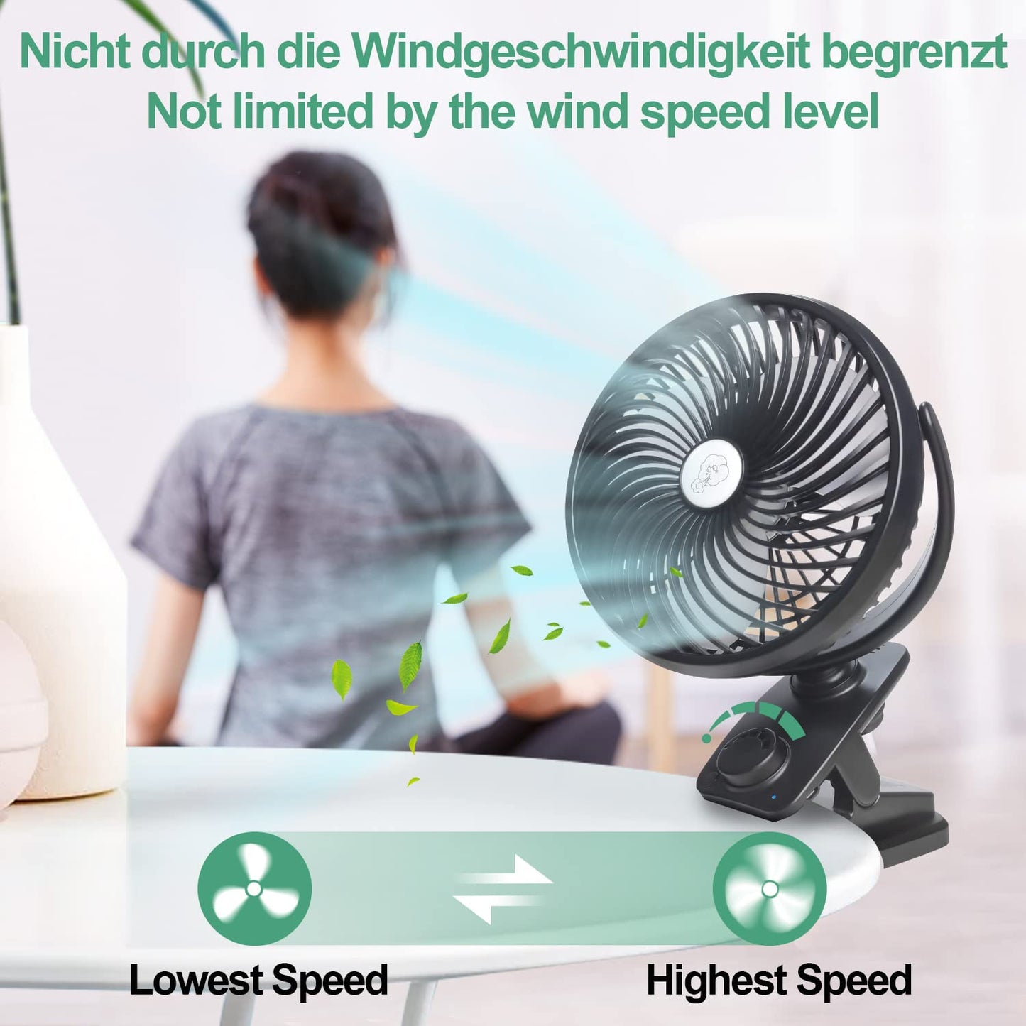 Oscillation table fan 10000mAh Mini USB fan Stepless speed, Quiet clip fan with LED light, Portable hanging hook camping clip fans 100 hours rechargeable, Ø 18 cm