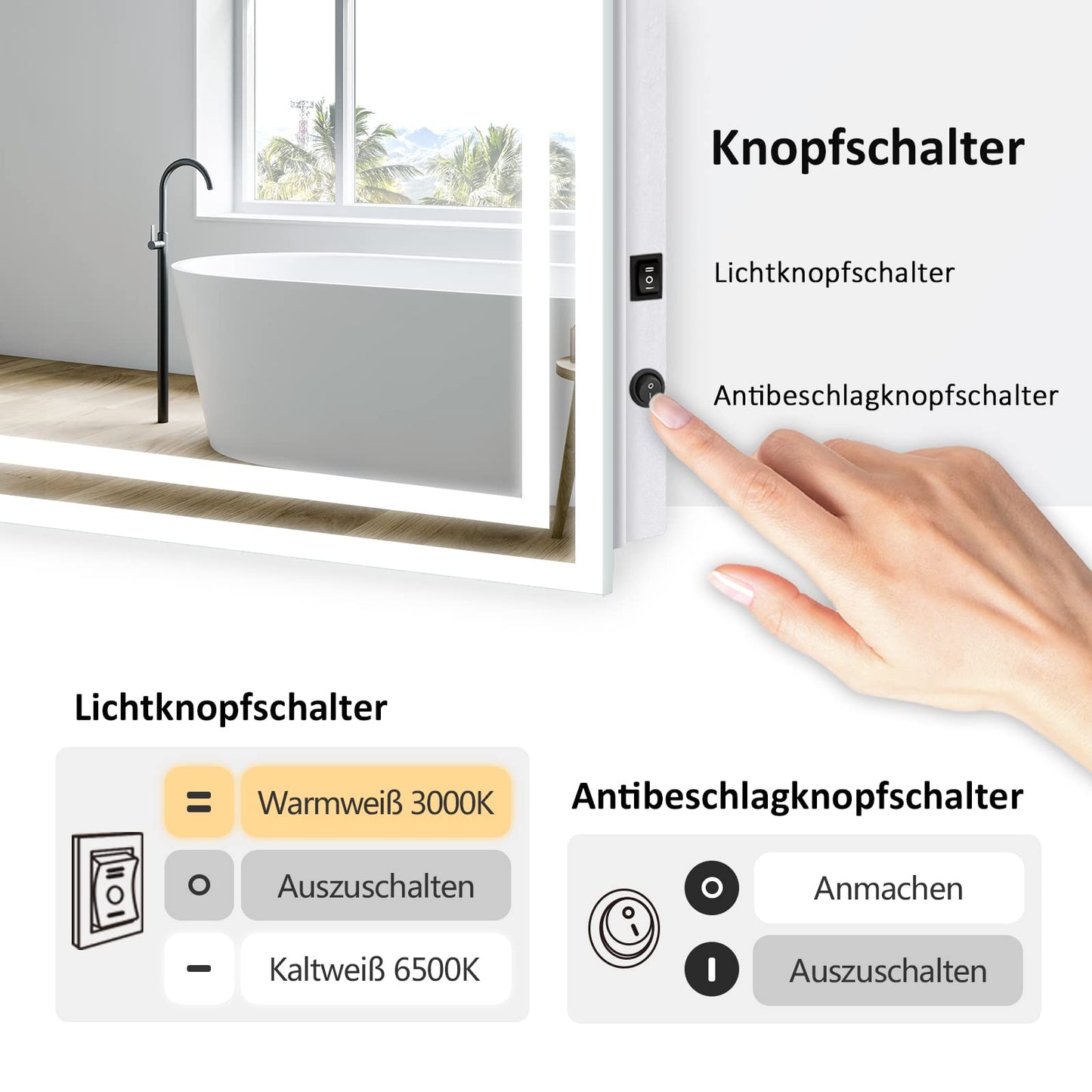 EMKE LED bathroom mirror with lighting 80x60cm, equipped with a toggle switch and anti-fog feature. Choose between warm white and cool white light modes, and mount the energy-efficient mirror horizontally or vertically.