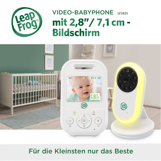 LeapFrog LF2423 Baby Monitor has long range, 2.8" video LCD display, 2x zoom, temperature sensor, noise activation, intercom, long battery life, and 720p resolution.