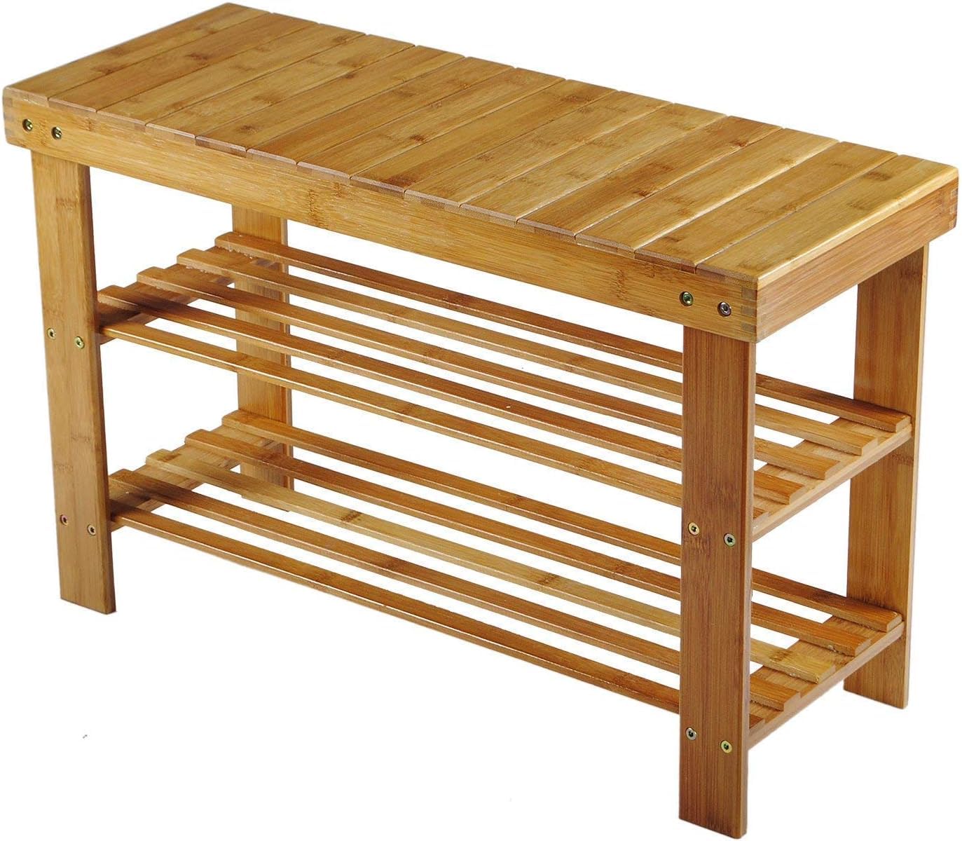 Hossejoy Bamboo Shoe Cabinet Bench Shoe Rack Shoe Bench Bathroom Shelf Bamboo Shelf 3 Shelves - 70 x 45 x 28 cm (WxHxD)
