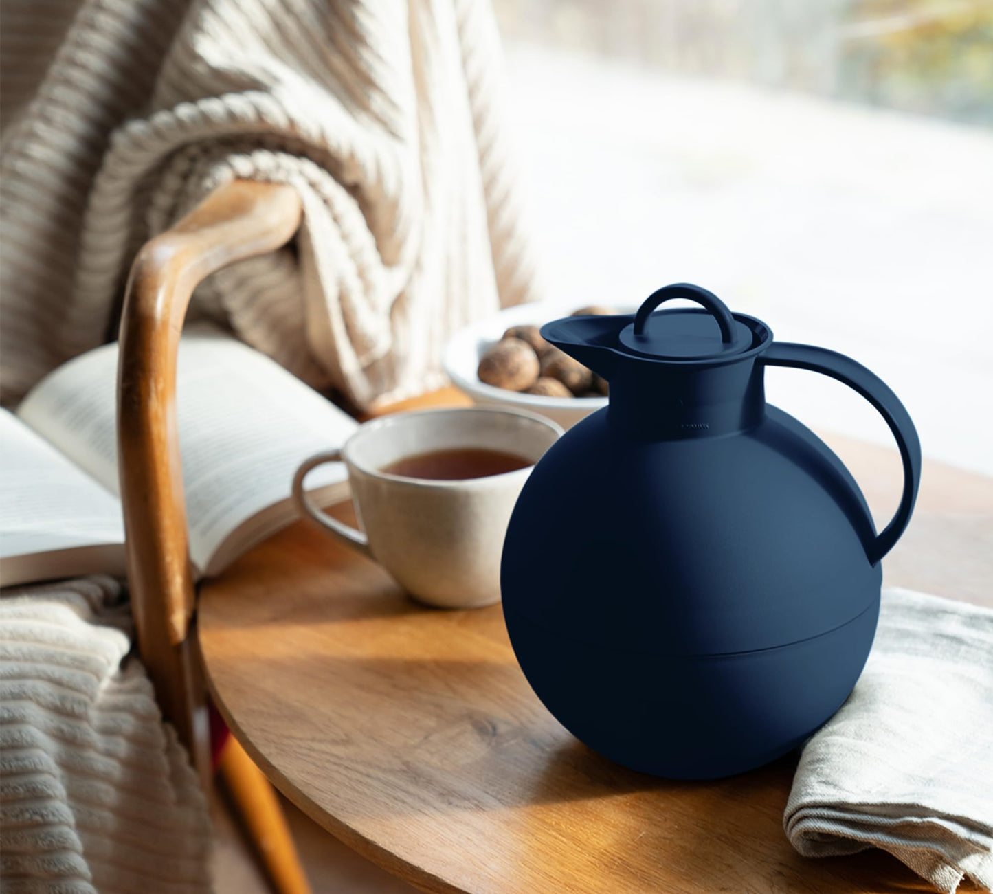 alfi BALL 1 QT, dark blue matte, plastic insulated carafe with hygienic hard glass insert, screw top lid, designer piece, spherical thermos, ideal for coffee or tea, BPA free.
