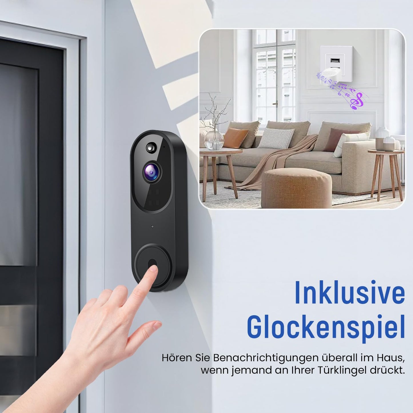 Guggre Wireless Smart Video Doorbell, Night Vision 1080p Camera, Motion Sensor, Weatherproof Doorbell with Alarm, 2-Way Audio, including mounting bracket and accessories for increased home security.