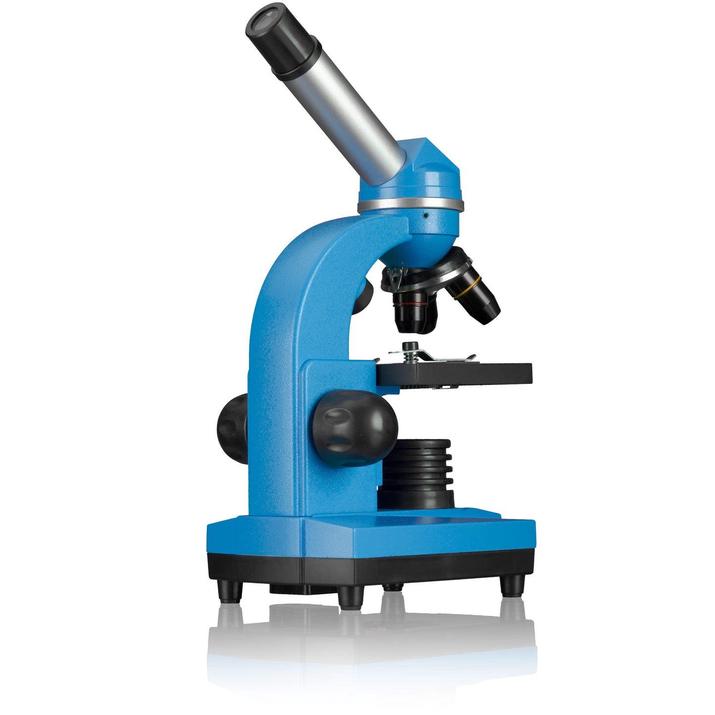 Bresser Junior student microscope BIOLUX SEL with smartphone holder, extensive accessories, and Barlow zoom system for children, beginners, and adults, blue.