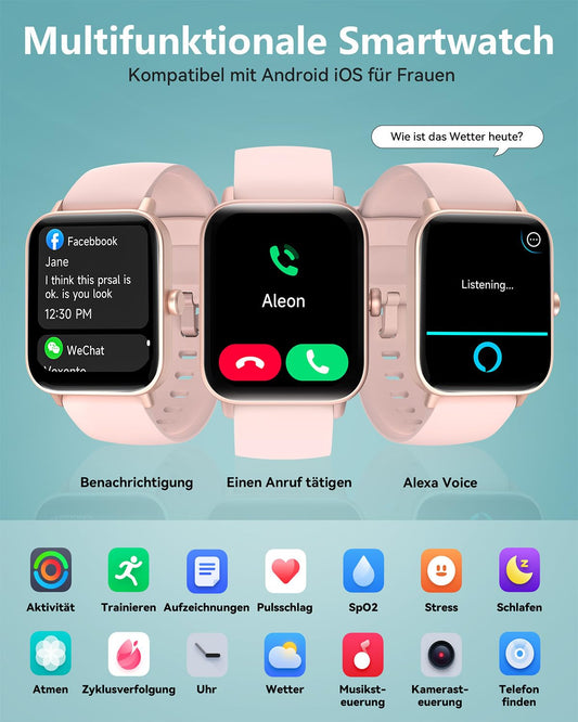 Women's smartwatch with phone-women's digital watch fitness tracker with EKG heart rate Bluetooth sleep monitor pulse meter sports watch waterproof with pedometer wristwatch for iOS Android (pink)