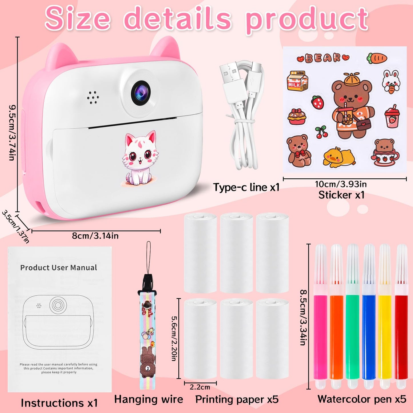 Instant Camera for Kids, 12MP 2.4-inch Screen Kids Camera with 32G Card, Printing Paper & Colored Pens, 1080P Kids Instant Print Camera, Gift for Children 3-12 Years Old.