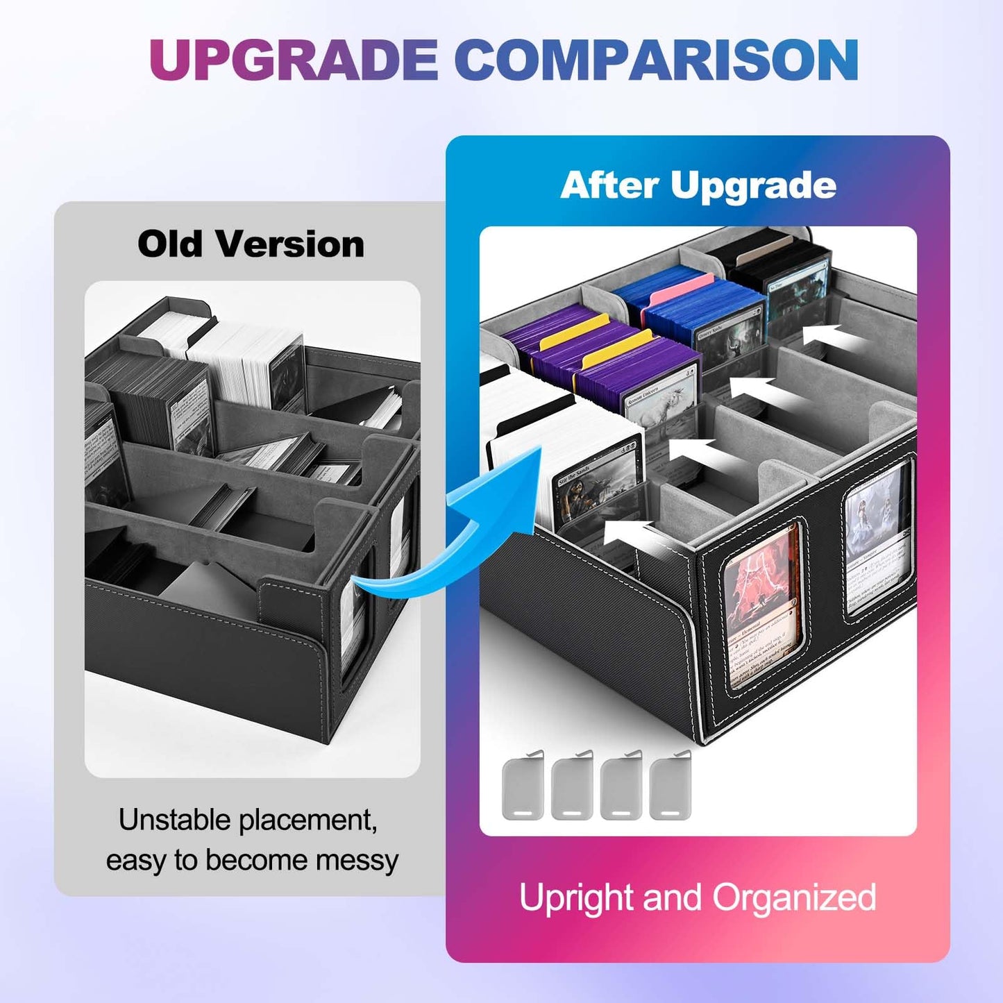 UAONO Trading Card Storage Box for Commander display, 2400+ MTG deck box with 4 toploaders, TCG card case suitable for Magic PTCG sports cards (black & gray)