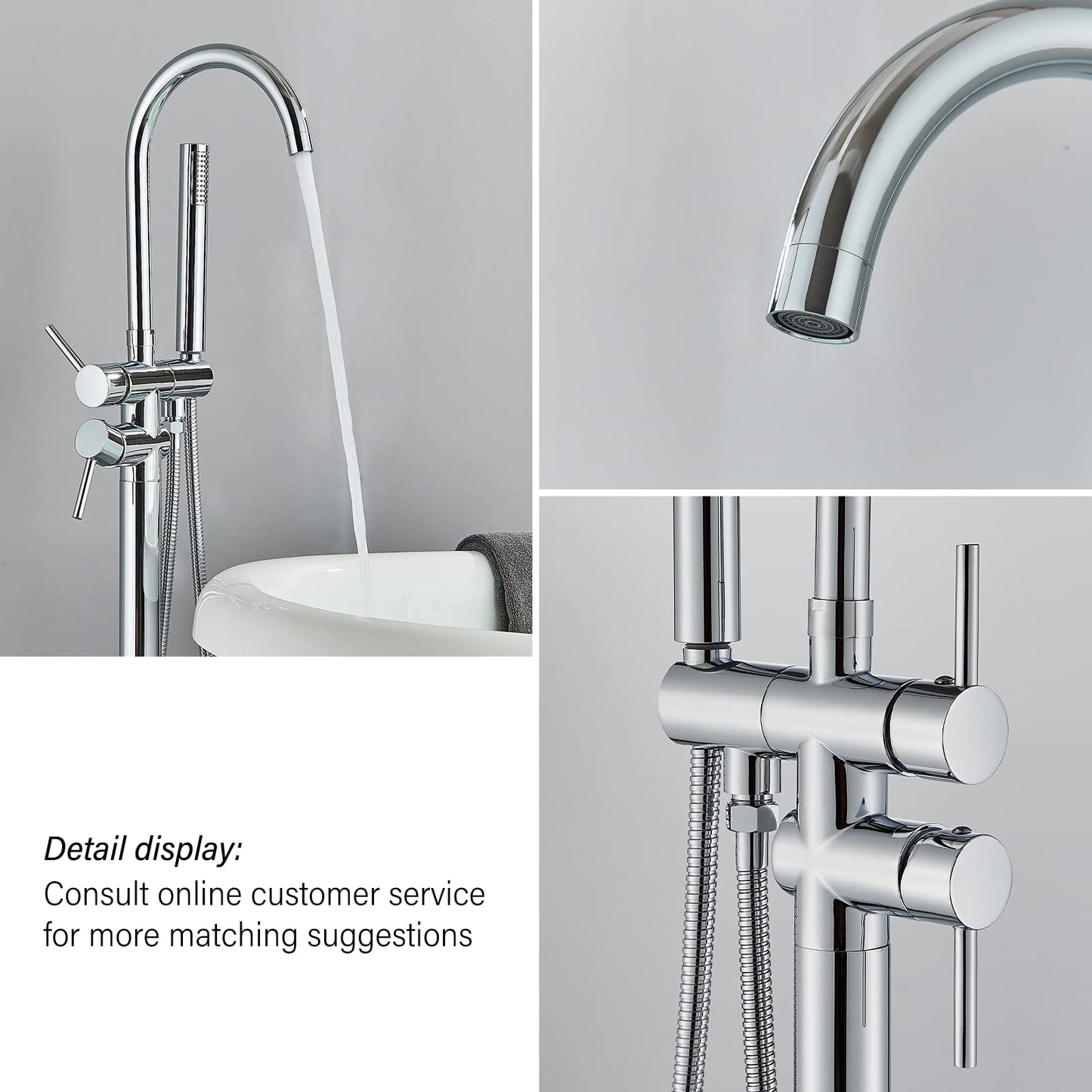 Rozin Free-standing Bathtub Faucet Chrome Floor Mounted Bathtub Faucet 360° Swivel Bathtub Faucet with Hand Shower Bathtub Faucet for Tub