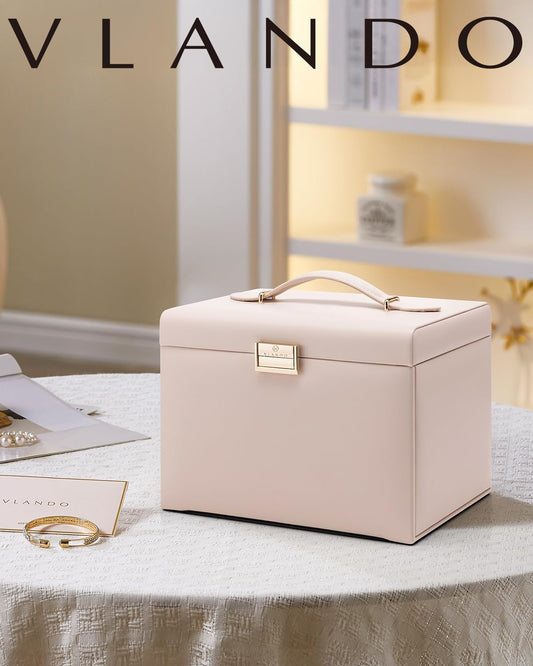 Vlando Jewelry Box Large with 4 layers, Jewelry Case PU Leather, Jewelry Box with Mirror and Drawers, Jewelry Organizers, Velvet lining, Beige