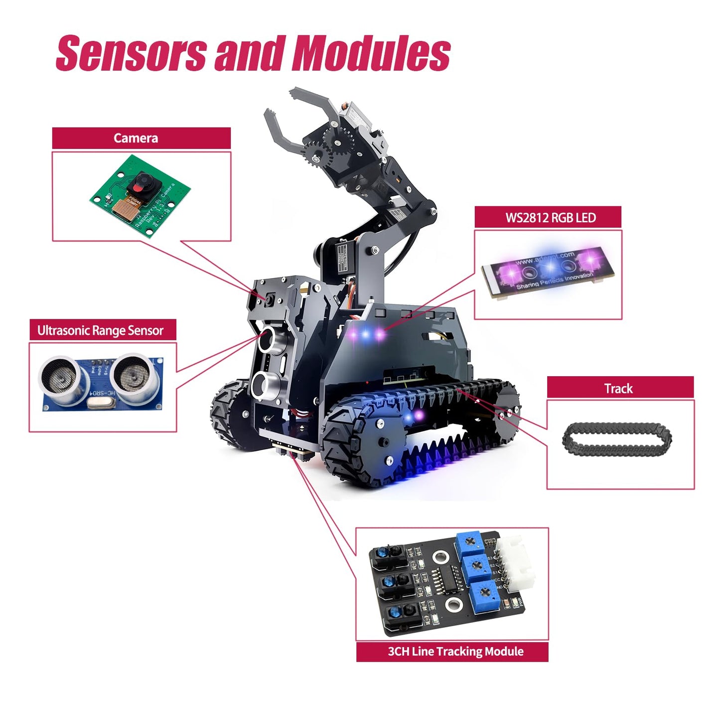 Adeept RaspTank Smart Robot Car Kit for Raspberry Pi 5/4/3B/3B+ (Board Not Included), Tank Tracked Robot with 4-DOF Robotic Arm, Obstacle Avoidance, Line Tracking, USB-C Charging, with Digital Tutorials.