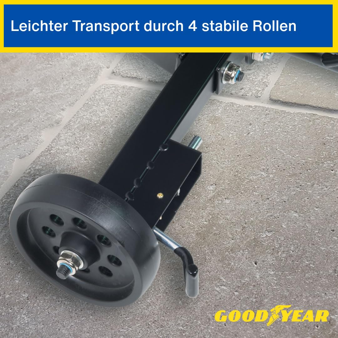 Goodyear wheel tree cart for 4 tires, space-saving and contactless storage, with protective cover, load capacity up to 100 kg, black