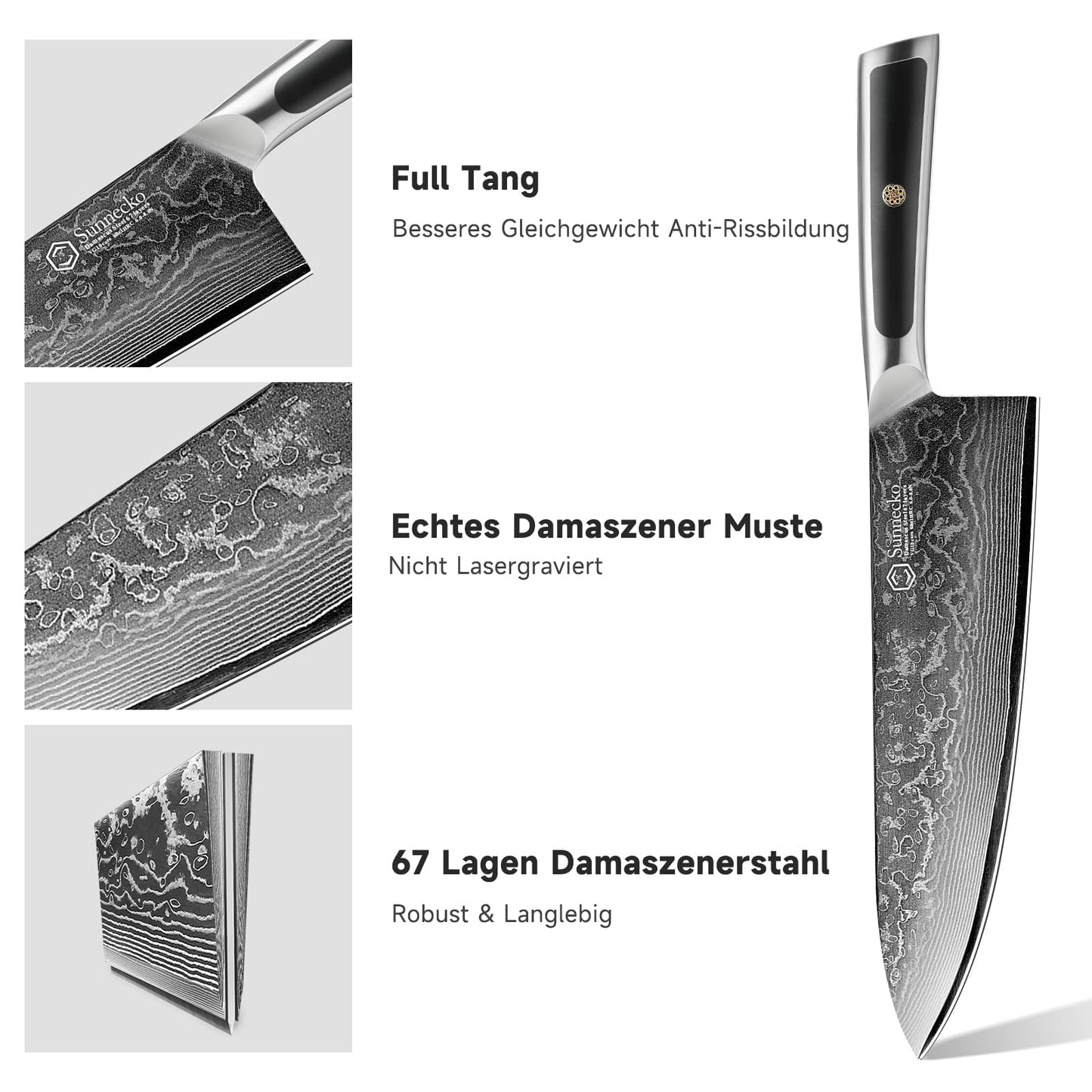 Sunnecko 20cm damascus chef knife kitchen knife - Sharp knife made of damascus steel, damascus kitchen knife with ergonomic handle, meat knife for kitchen