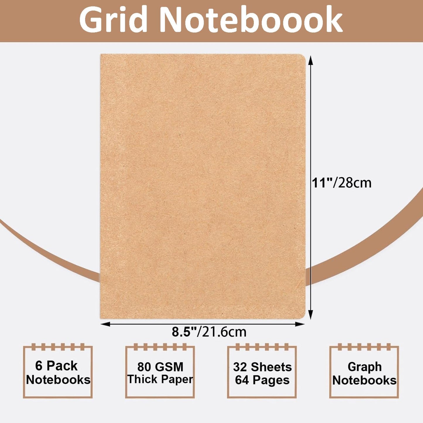 YBCPACK Kraft Grid Notebook A4, 6 Notebook Set, Grid Notepad with 64 pages (32 sheets), Notepad for office, school & travel (21.6x28cm)