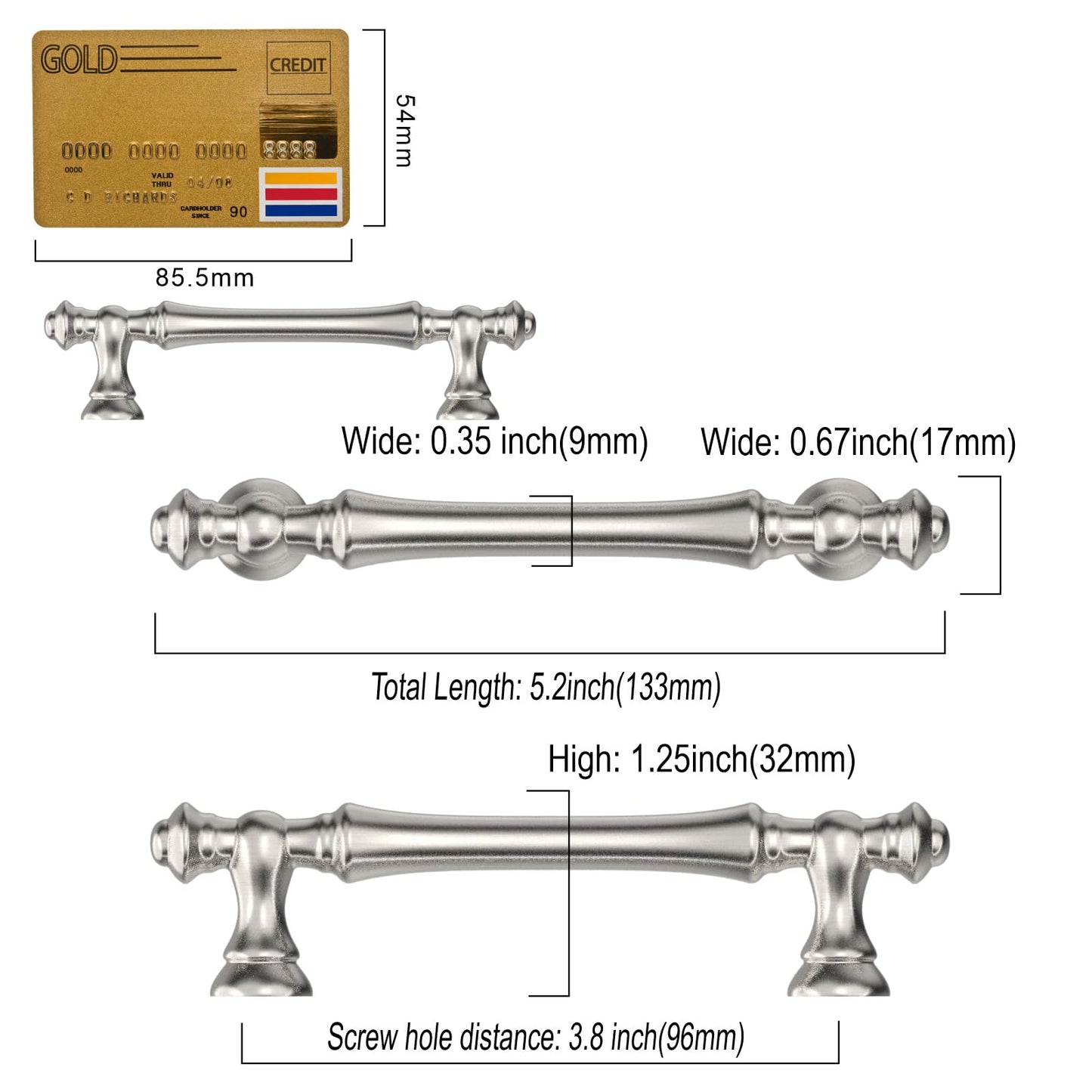 Amerdeco 10 Pack Furniture Handles Brushed Nickel, 96mm Hole Centers, Zinc Alloy Drawer Pulls & Cabinet Handles for Kitchen Cabinets & Wardrobes UK0017