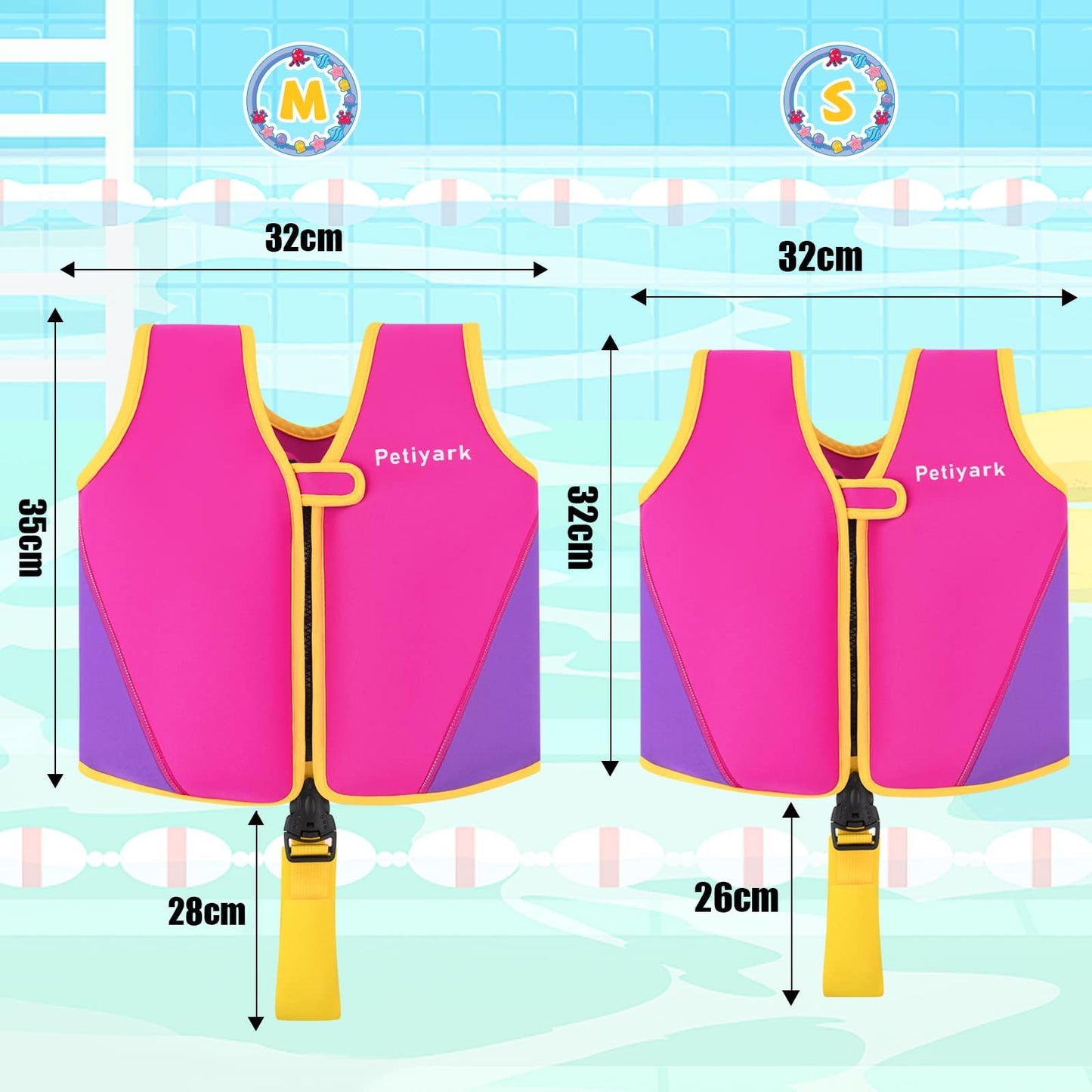 Petiyark Life Jacket for Kids 2-3 Years, Child Swim Vest 15-18kg, Ideal Swim Aid Neoprene with Adjustable Safety Straps for Boys and Girls-S