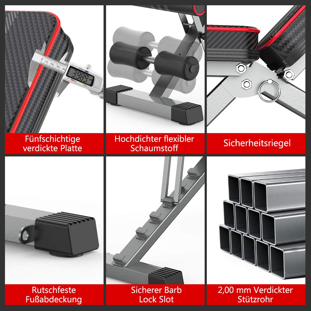 YOLEO folding weight bench Multifunction Training Fitness Bench Abdominal Trainer Incline Bench with 6-position Adjustable Backrest/3-position Adjustable Seat Cushion, Load Capacity 300kg (Elegant Black-Red)