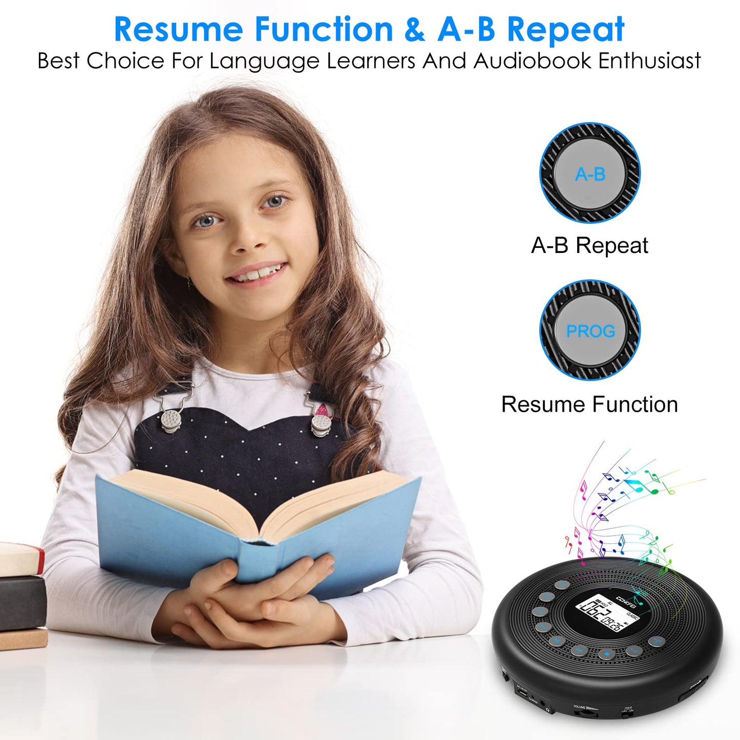 Portable CD Player Bluetooth with speakers, rechargeable 1400mAh portable CD player with shockproof/anti-skip protection, headphones and AUX cable, for car, home & travel.