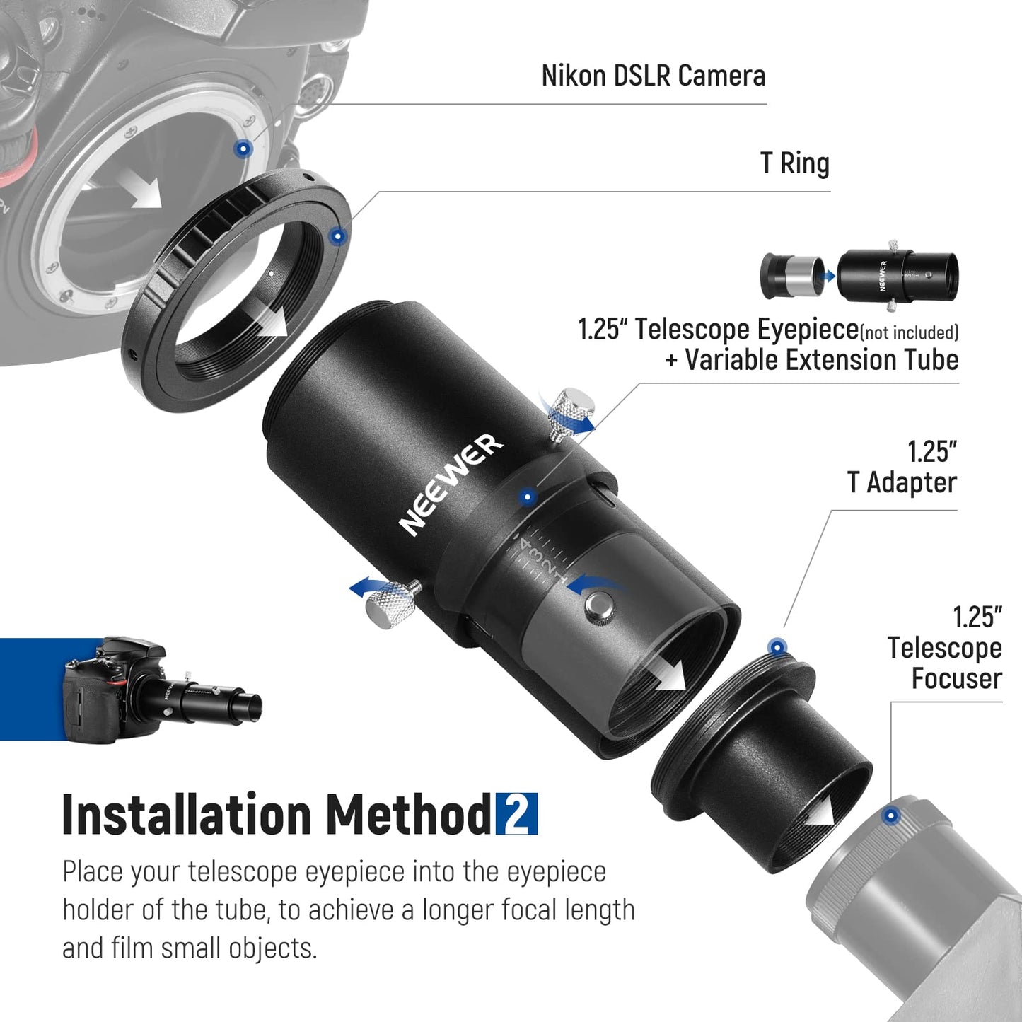 NEEWER Variable 1.25" Telescope Camera Adapter and 1.25" Extension Tube Set, compatible with Nikon DSLR cameras and telescope eyepiece for prime focus and eyepiece projection astrophotography.