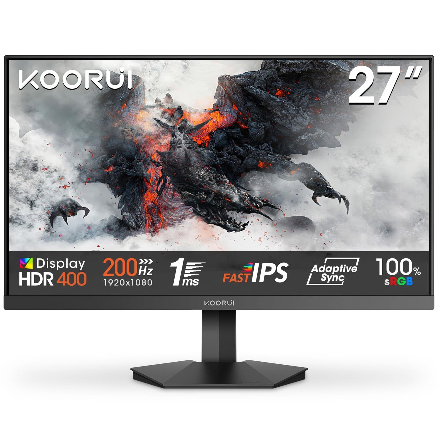 KOORUI G2711P 27-inch gaming monitor, 1ms 200Hz FHD Fast IPS HDR400 screen, 100% sRGB Adaptive Sync VESA 75x75mm.