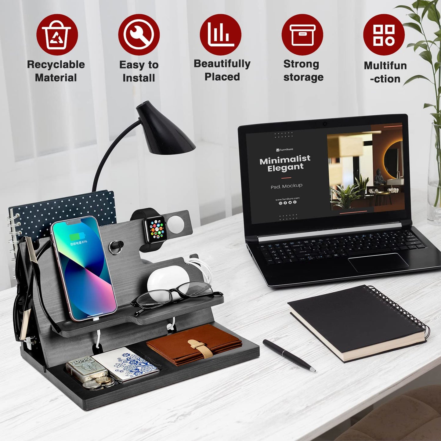 Gifts for men: birthday wooden phone docking station, watches, wallets, bedside organizer. Perfect for Christmas, birthday, or Father's Day. Wooden desk organizer for men.