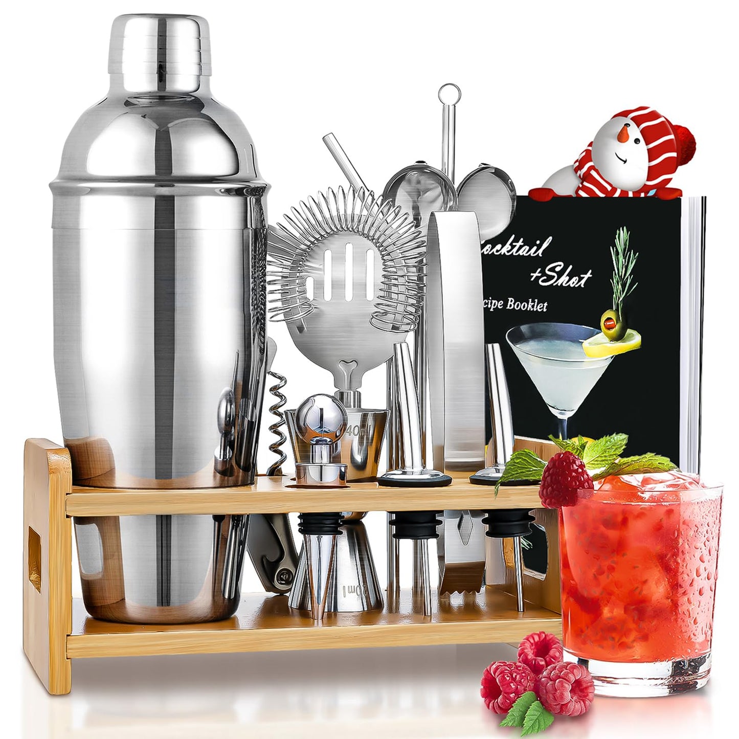 Cocktail Shaker Set, 750ml Stainless Steel Shaker Set, 15 Piece Professional Cocktail Mixing Set, Bartender Set with Bamboo Stand, Recipe Book, Jigger, Spoon, Gift Set for Bar, Home