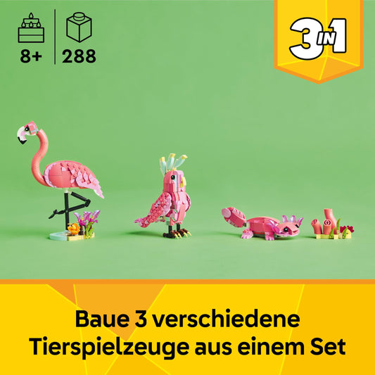 LEGO Creator 3in1 Wild Animals: Pink Flamingo - rebuild into a Cockatoo minifigure or an Axolotl - Creative toy - Birthday gift for girls and boys ages 8+ - 31170