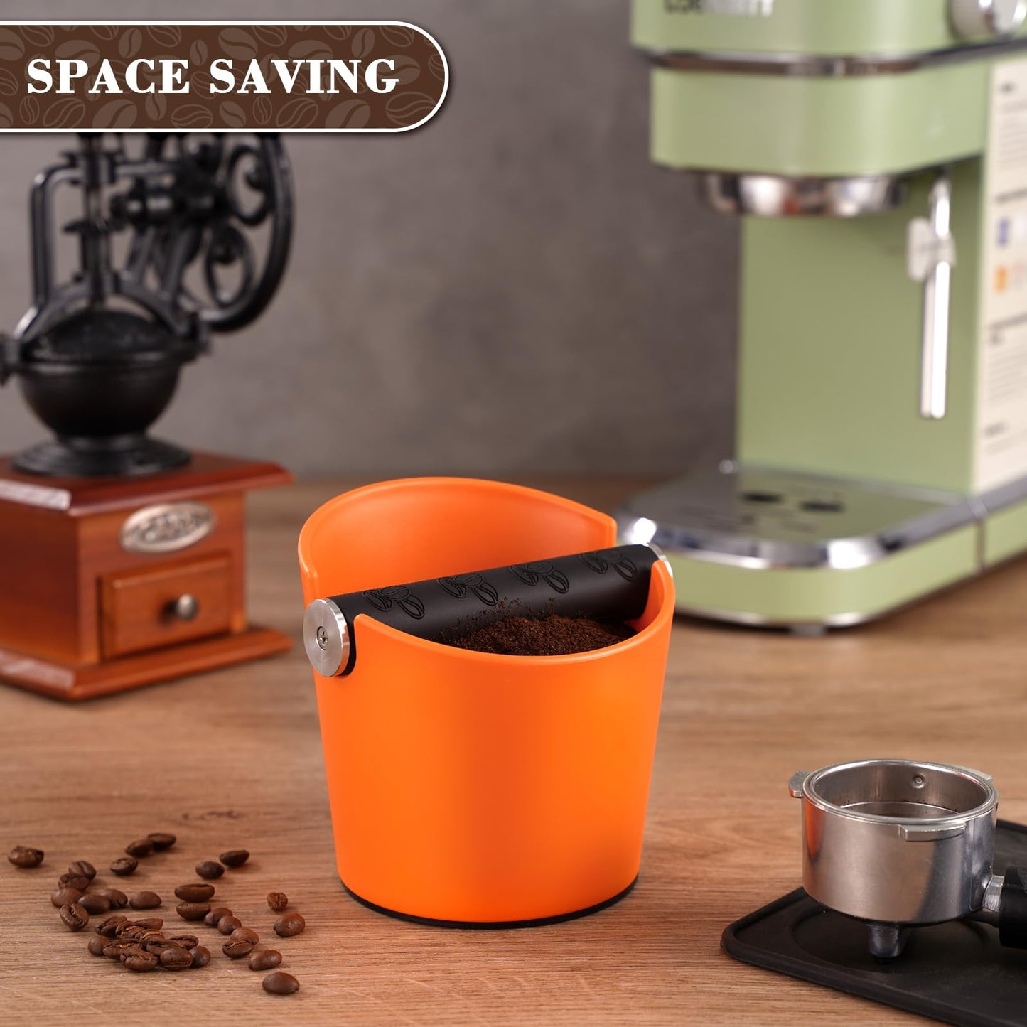 Portafilter Espresso Knock Box Coffee Grounds Container Knock Box Barista Style with Removable Metal Knock Bar and Non-Slip Base Orange