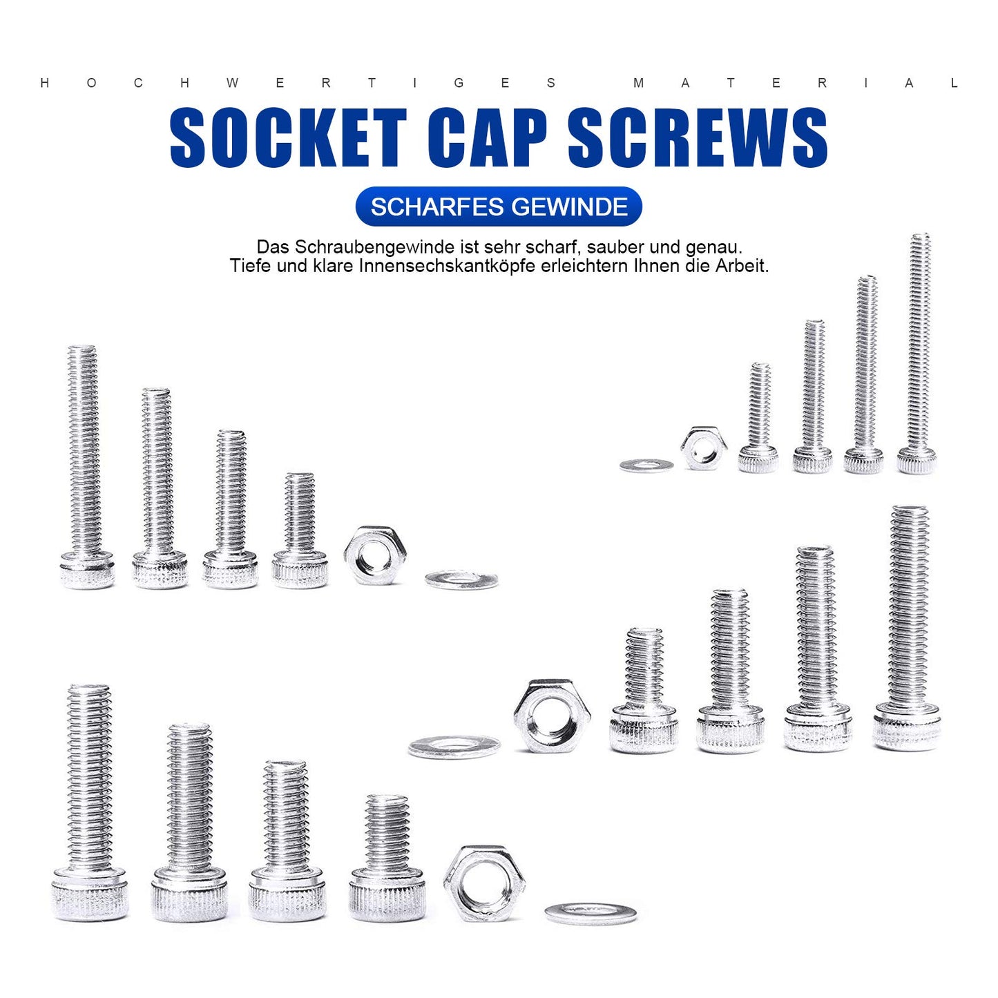 880 Pcs Stainless Steel Hex Head Button Screws, Nuts, and Washers Assortment Kit with flat storage case box + Allen key.