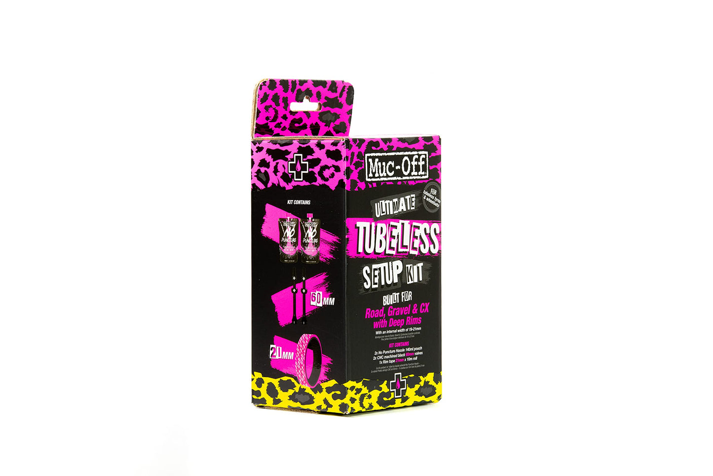 Muc-Off Ultimate Tubeless Kit setup for tubeless-ready bikes, road/gravel/CX 60 mm - includes rim tape, bike patch kit, tubeless valves, and tire sealant.