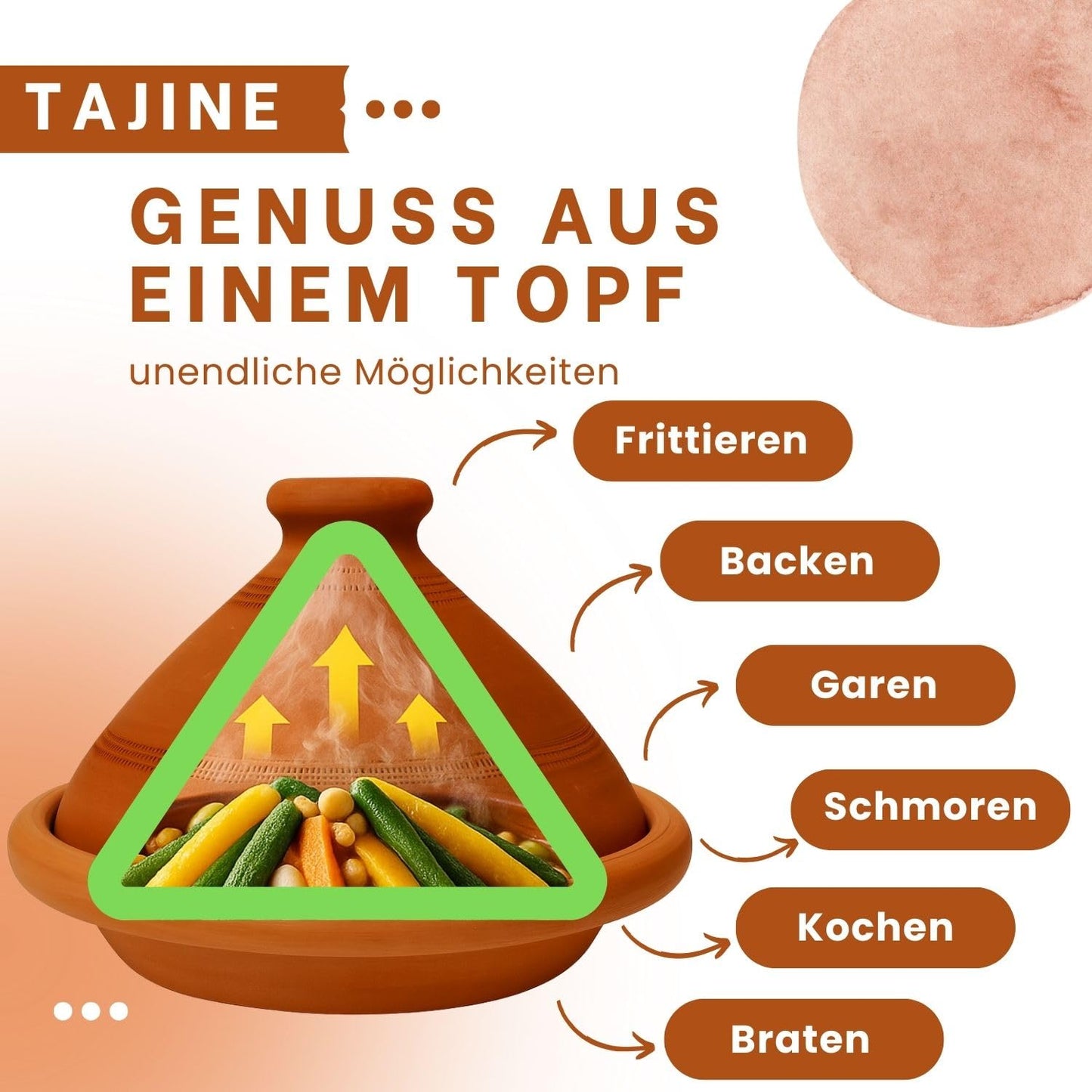 Tajine, original from Morocco, including cookbook North African cuisine, clay pot for cooking, Tuareg Ø 26cm, for 1-3 people, handmade from Marrakesh, free of pollutants.