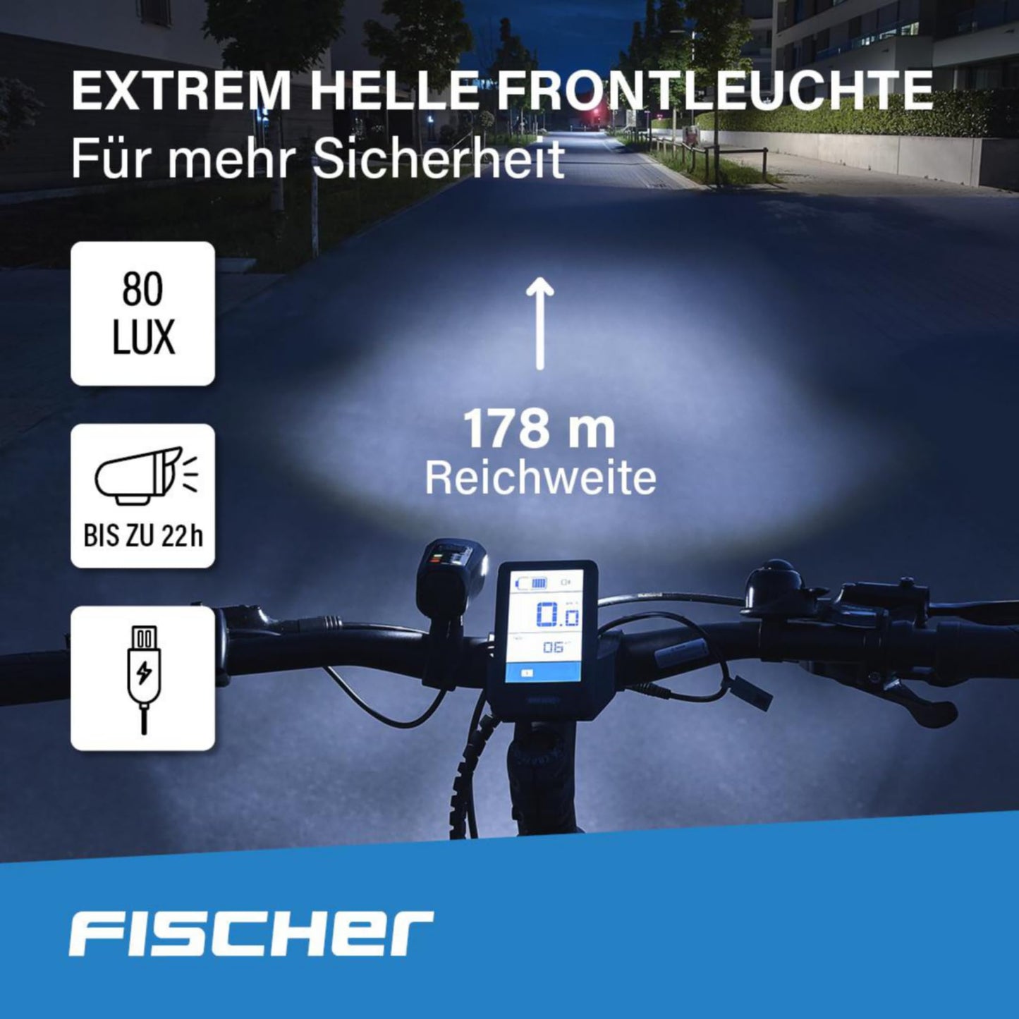 Fishing bicycle lighting set 80/40/20 lux, rechargeable light set Twin, front and 360° rear light, with battery and USB charging function, 3 lighting modes, splash protection according to IP44, approved by StVZO.
