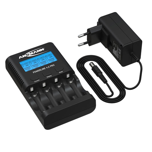 ANSMANN Battery Charger Powerline 4.2 Pro - Charger for AA and AAA batteries, LCD display, individual charging slots, safety protection.
