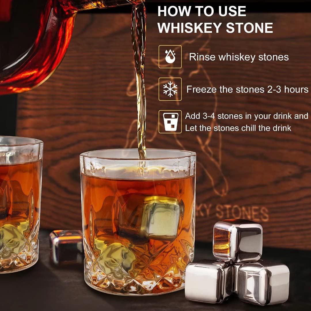 Whiskey Stones Gift Set - 6 Stainless Steel Whiskey Ice Cubes Reusable - Whiskey Rocks Cooling Stones, Special Gifts for Men - Whiskey Chillstone for Whiskey, Vodka, Gin, Wine & More.