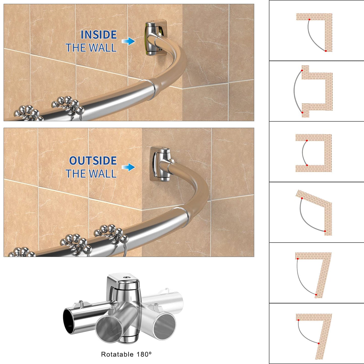 Curved shower curtain rod made of 304 stainless steel, includes 18 stainless steel curtain rings. Telescopic and adjustable from 110 to 180 cm for bathroom and bathtub, easy drill installation.