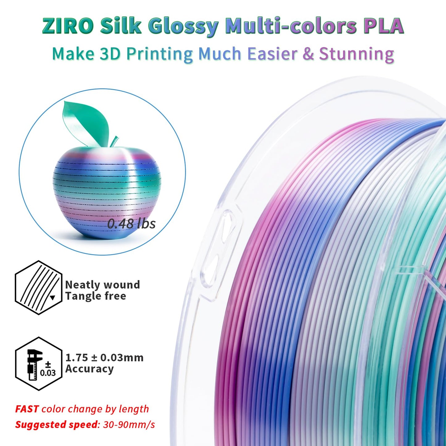 ZIRO Silk Multicolor 3D Printer Filament, Silk Rainbow PLA Filament 1.75mm, Fast Gradient PLA 1kg for Most 3D Printers, Dimensional Accuracy +/-0.03mm, Aqua Sky