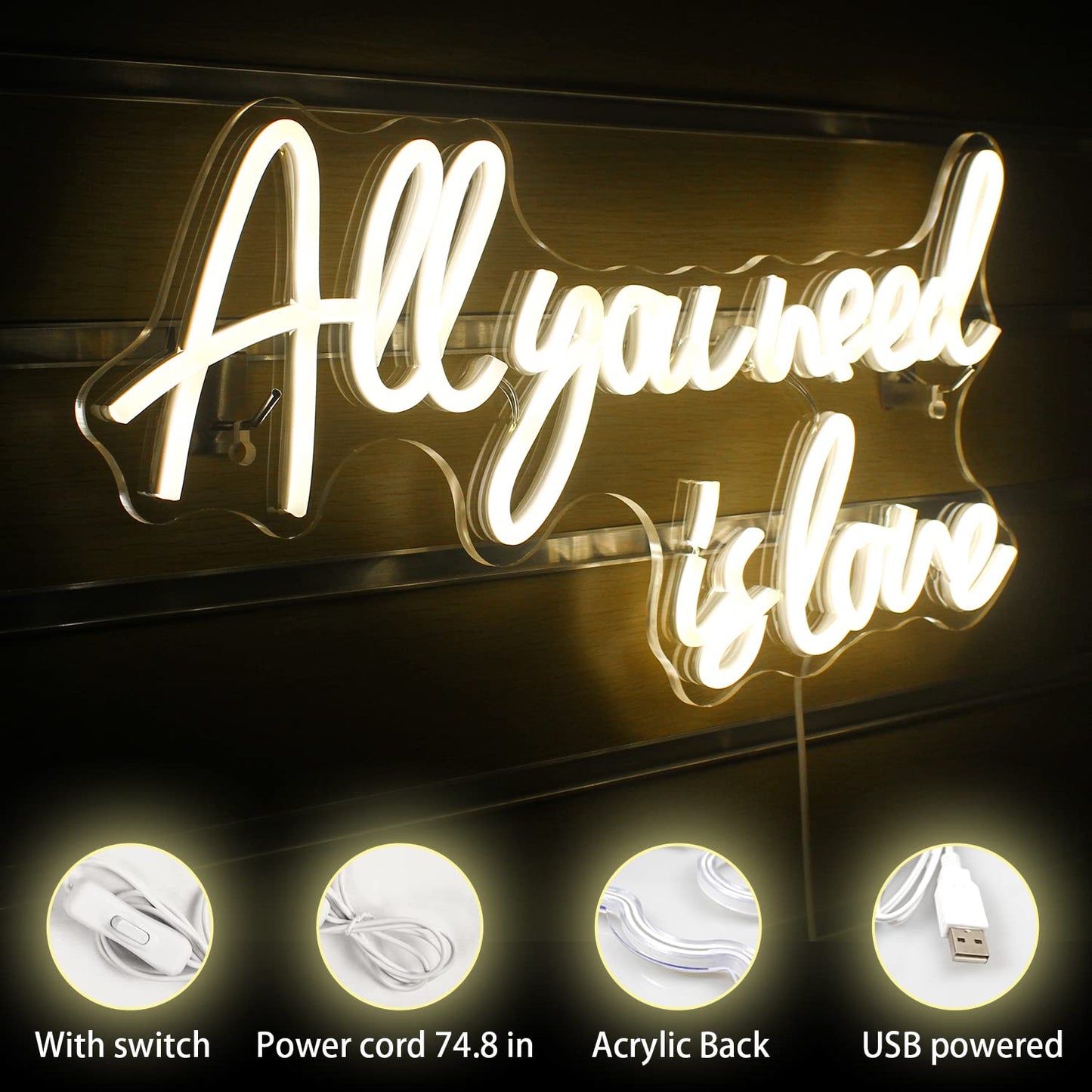"All You Need is Love" neon sign, warm white neon light lettering for wall decoration, LED sign for bedroom, wedding, room decor, anniversary, Valentine's Day, party decor.